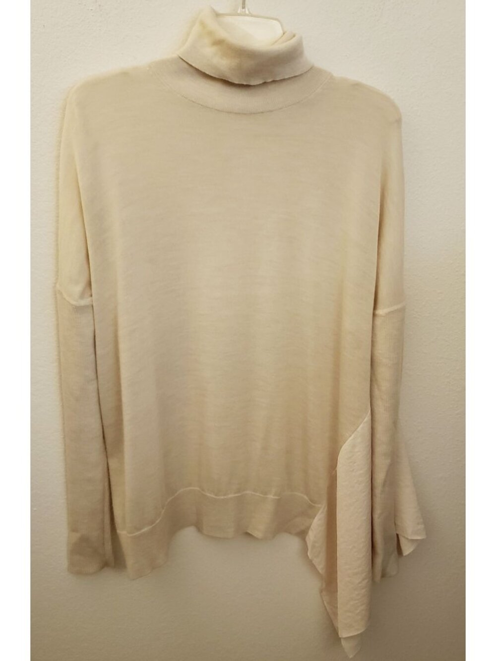 AllSaints Oversize Merino Wool Cream Turtleneck Sweater w Satin Drape Size M